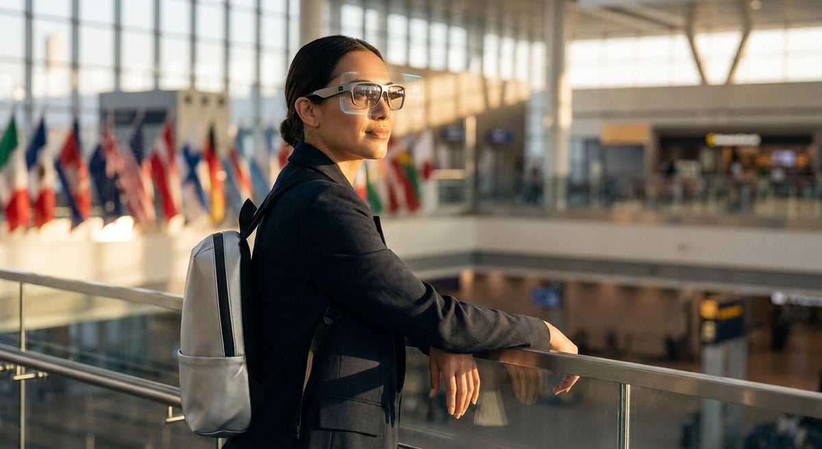 A person wearing futuristic smart glasses with a glowing AR lens stands at an international travel hub surrounded by softly blurred multicultural architectural details and warm golden light.