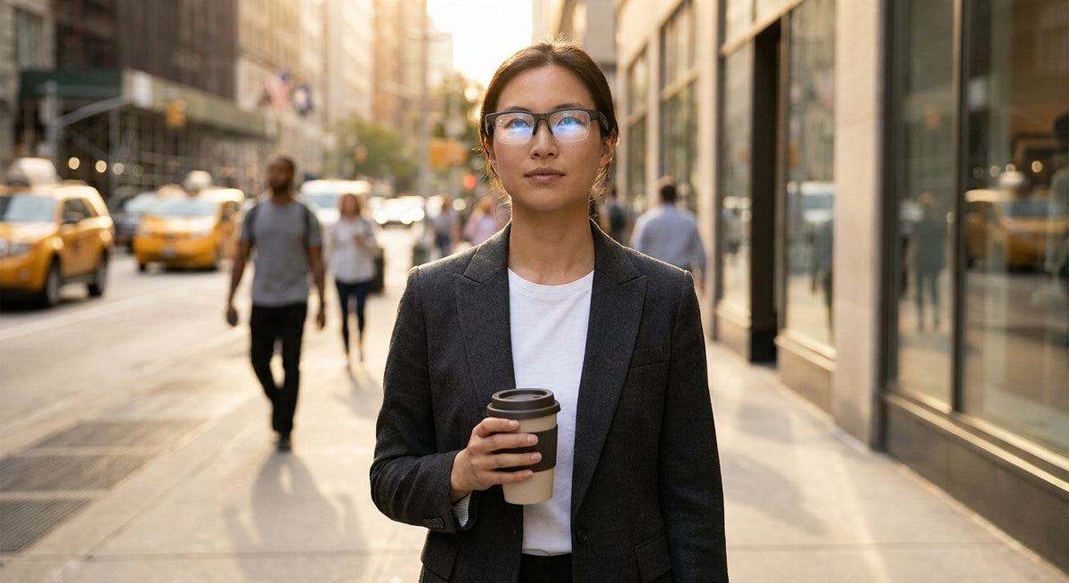 A person wearing sleek AI smart glasses stands confidently on a sunlit urban street with a coffee cup in hand, the city softly blurred behind them.