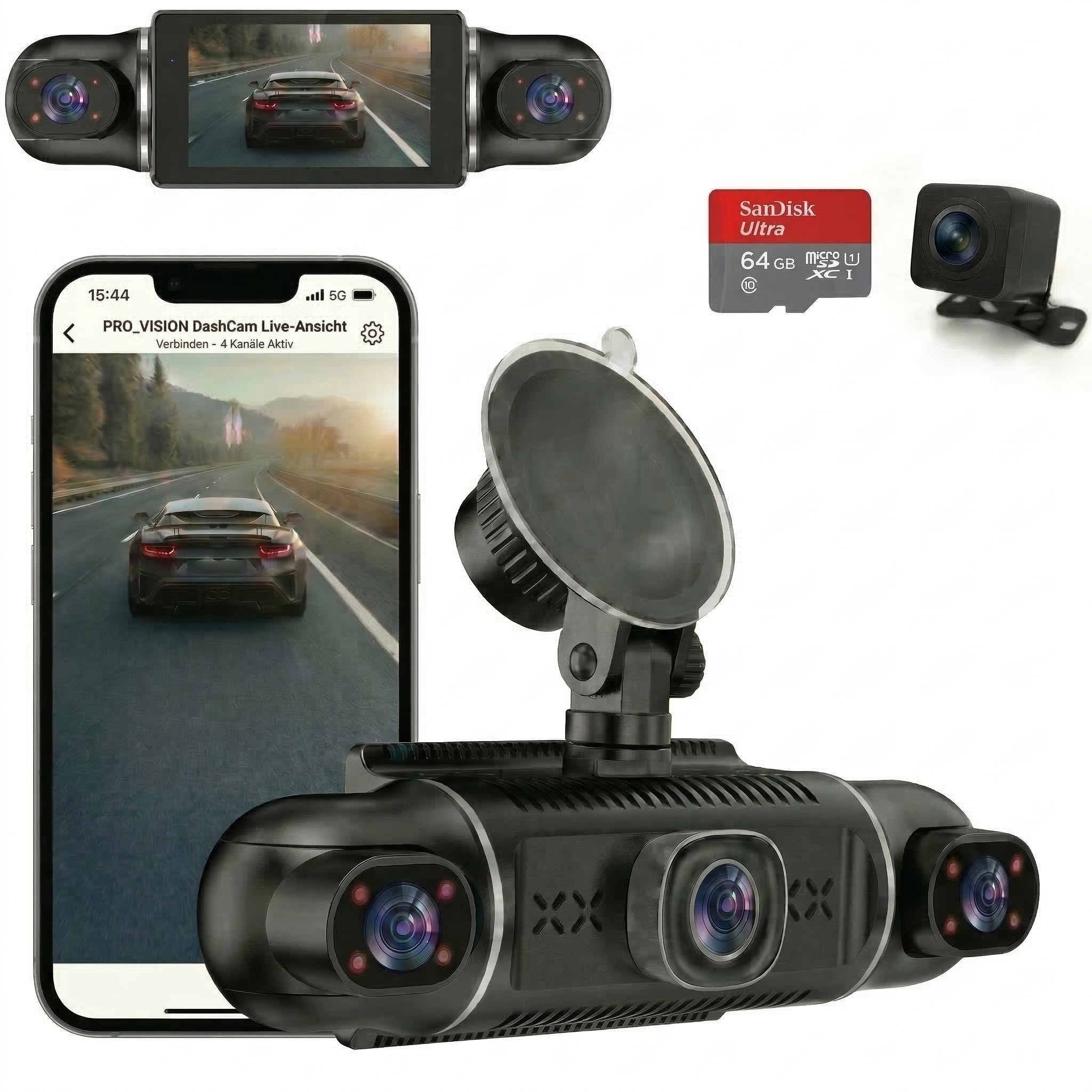Dashcam Auto 360 Grad, 4 Kameras, 1080p Full-HD, 64 GB, Loop-Aufnahme, Auslöser bei Unfall, 24h Parküberwachung, WiFi, Nachtsicht, G-Sensor, Bewegungsdetektor, 3" IPS-Display, Wasserdicht