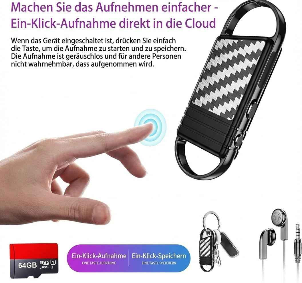 Digitales Diktiergerät, 64GB, KI Rauschunterdrückung, 4800h Audio-Aufnahme mit Wiedergabe, Abhörgerät, Audio Aufnahmegerät, Sprachaktivierte Voice Recorder für Interviews, Vorträge etc.