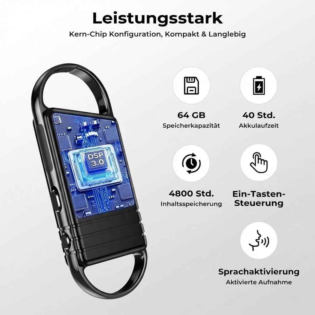 Digitales Diktiergerät, 64GB, KI Rauschunterdrückung, 4800h Audio-Aufnahme mit Wiedergabe, Abhörgerät, Audio Aufnahmegerät, Sprachaktivierte Voice Recorder für Interviews, Vorträge etc.