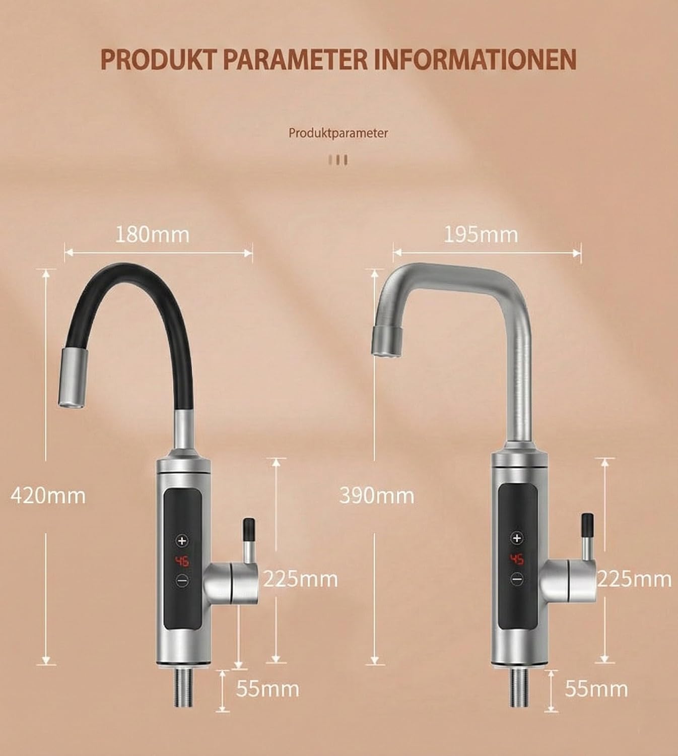Wasserhahn mit Durchlauferhitzer, 360º Schwenkkopf, LED-Display, 230V 3300W, Wasserhahn mit Heizspirale, Anti-Spritz Edelstahl Küchenarmatur Elektrischer Wasserhahn, Sofort heißes Wasser