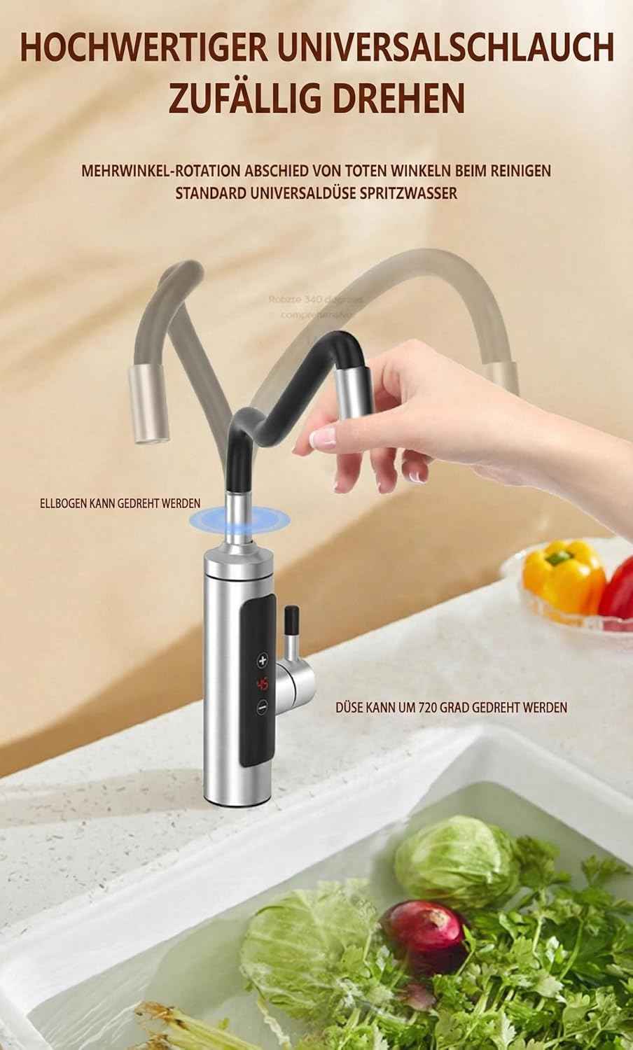 Wasserhahn mit Durchlauferhitzer, 360º Schwenkkopf, LED-Display, 230V 3300W, Wasserhahn mit Heizspirale, Anti-Spritz Edelstahl Küchenarmatur Elektrischer Wasserhahn, Sofort heißes Wasser