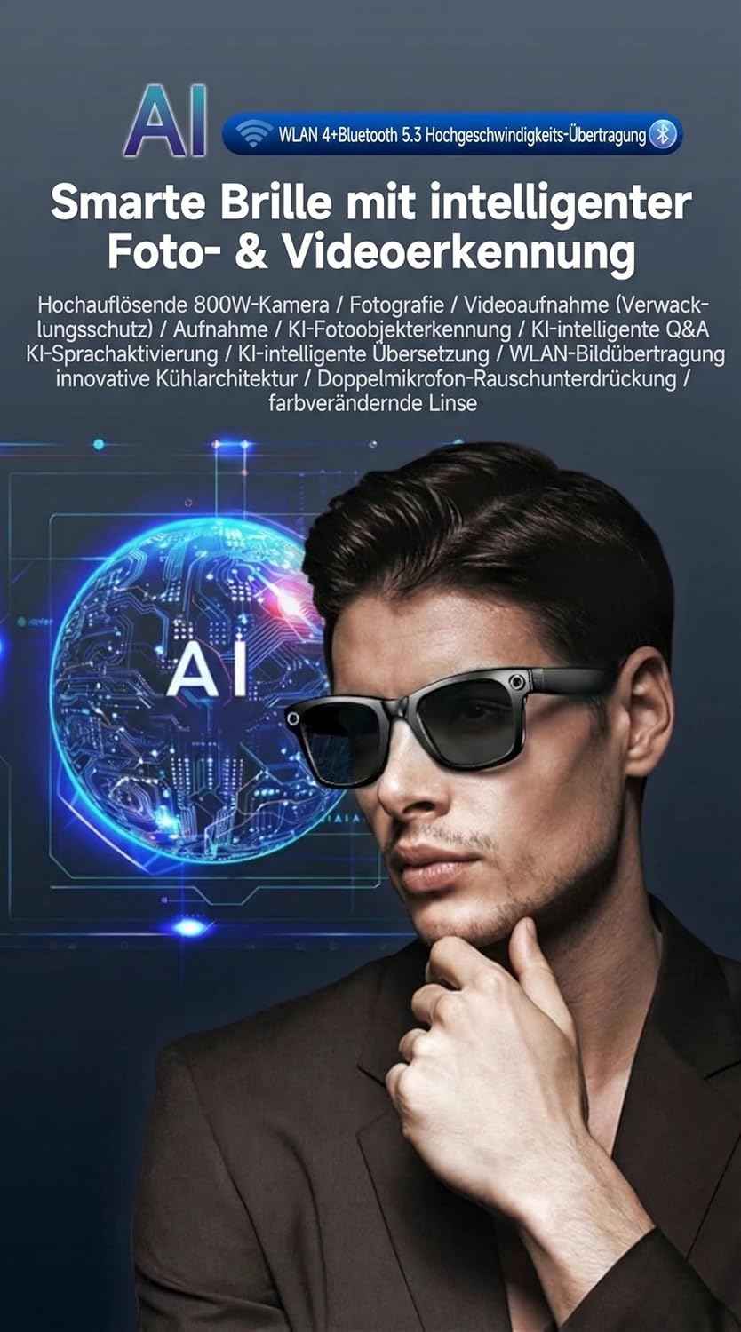 Smart Glasses mit KI & Bluetooth, ChatGPT-Sprachassistent, UV-Schutz, WLAN, Echtzeit-Übersetzung in 89 Sprachen, 2K-Kamera, Open-Ear-Audio, IP65 wasserdicht, Objektidentifizierung, photochrome Gläser