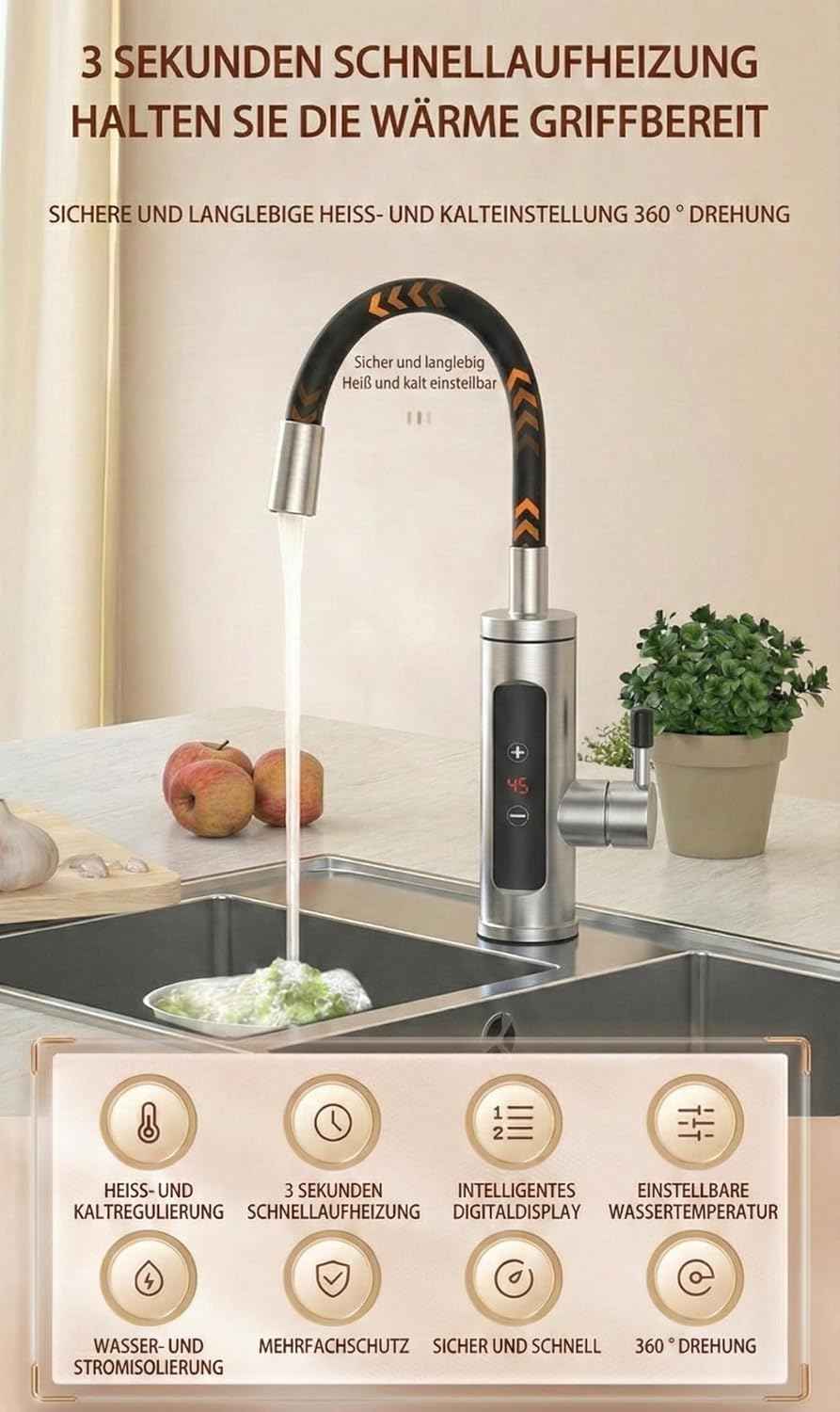 Wasserhahn mit Durchlauferhitzer, 360º Schwenkkopf, LED-Display, 230V 3300W, Wasserhahn mit Heizspirale, Anti-Spritz Edelstahl Küchenarmatur Elektrischer Wasserhahn, Sofort heißes Wasser
