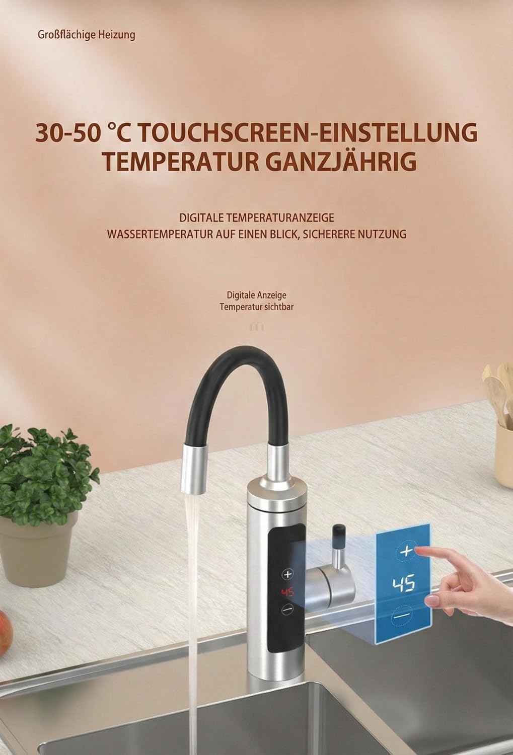 Wasserhahn mit Durchlauferhitzer, 360º Schwenkkopf, LED-Display, 230V 3300W, Wasserhahn mit Heizspirale, Anti-Spritz Edelstahl Küchenarmatur Elektrischer Wasserhahn, Sofort heißes Wasser