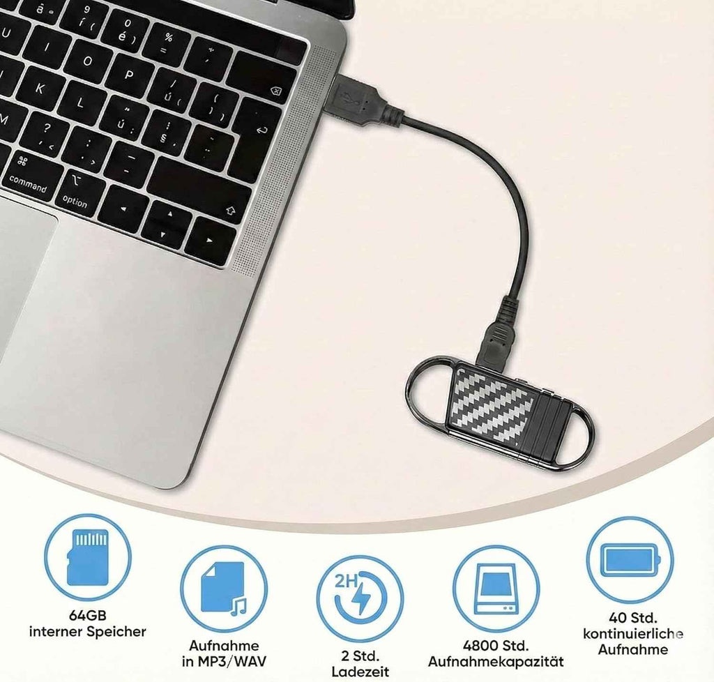 Digitales Diktiergerät, 64GB, KI Rauschunterdrückung, 4800h Audio-Aufnahme mit Wiedergabe, Abhörgerät, Audio Aufnahmegerät, Sprachaktivierte Voice Recorder für Interviews, Vorträge etc.