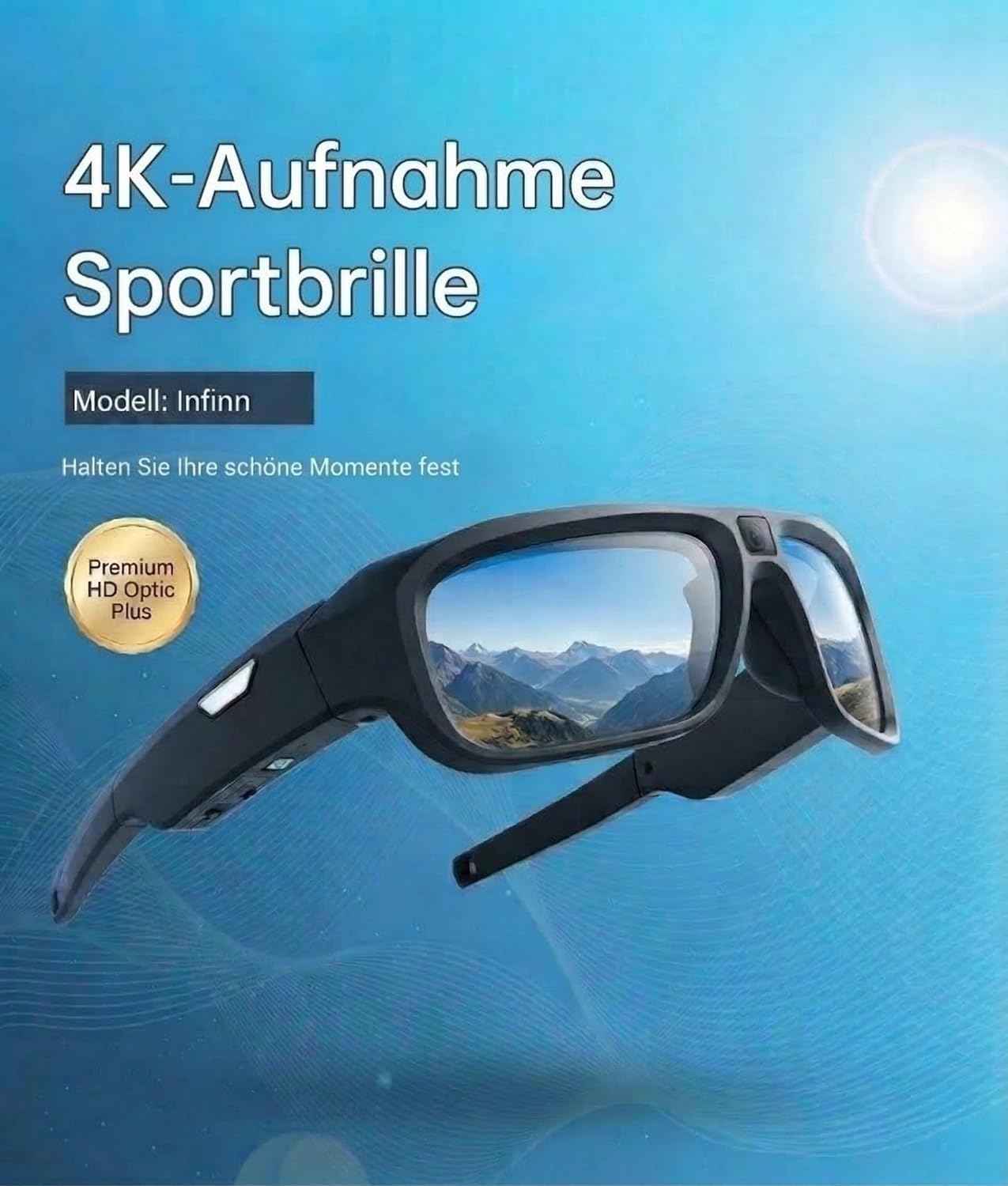 Sportbrille mit Kamera, Mini Action Kamera, 4K-Auflösung, 64 GB, 16:9 Bildformat, UV-Filter, Weitwinkel 120°, Komfortabler Sitz, Sonnenbrille, Schwarz
