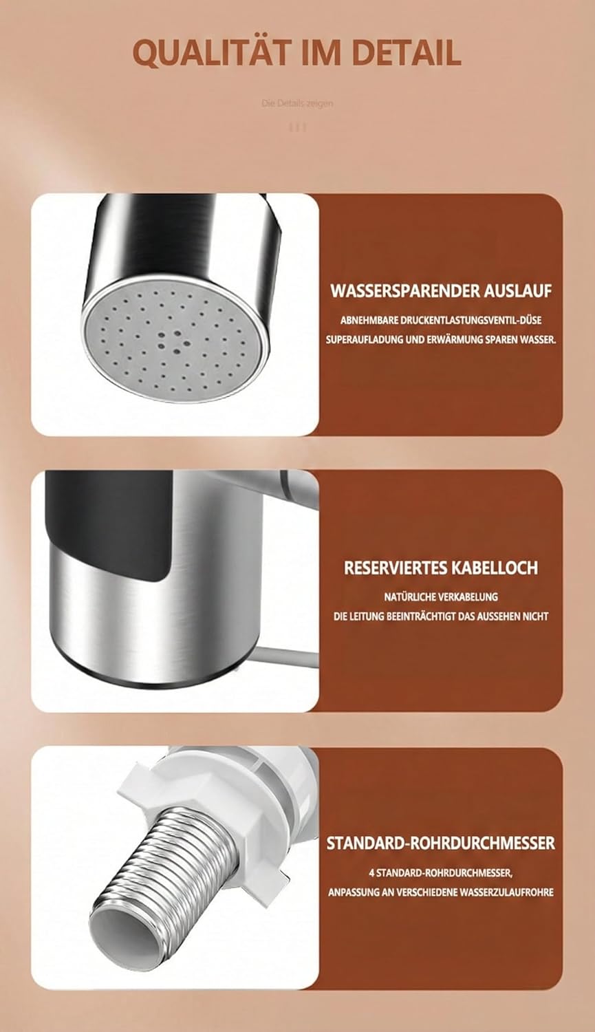 Wasserhahn mit Durchlauferhitzer, 360º Schwenkkopf, LED-Display, 230V 3300W, Wasserhahn mit Heizspirale, Anti-Spritz Edelstahl Küchenarmatur Elektrischer Wasserhahn, Sofort heißes Wasser