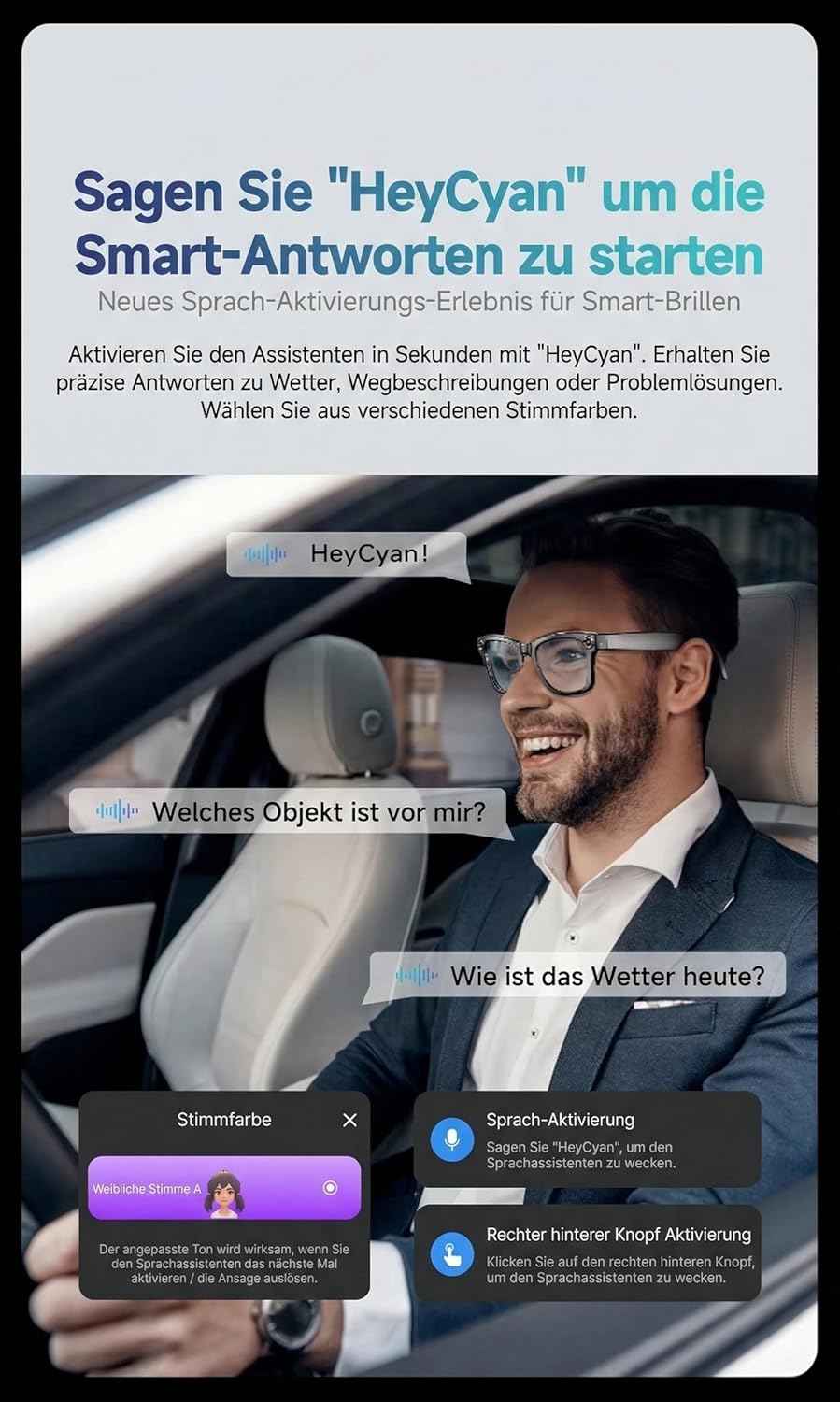Smart Glasses mit KI & Bluetooth, ChatGPT-Sprachassistent, UV-Schutz, WLAN, Echtzeit-Übersetzung in 89 Sprachen, 2K-Kamera, Open-Ear-Audio, IP65 wasserdicht, Objektidentifizierung, photochrome Gläser