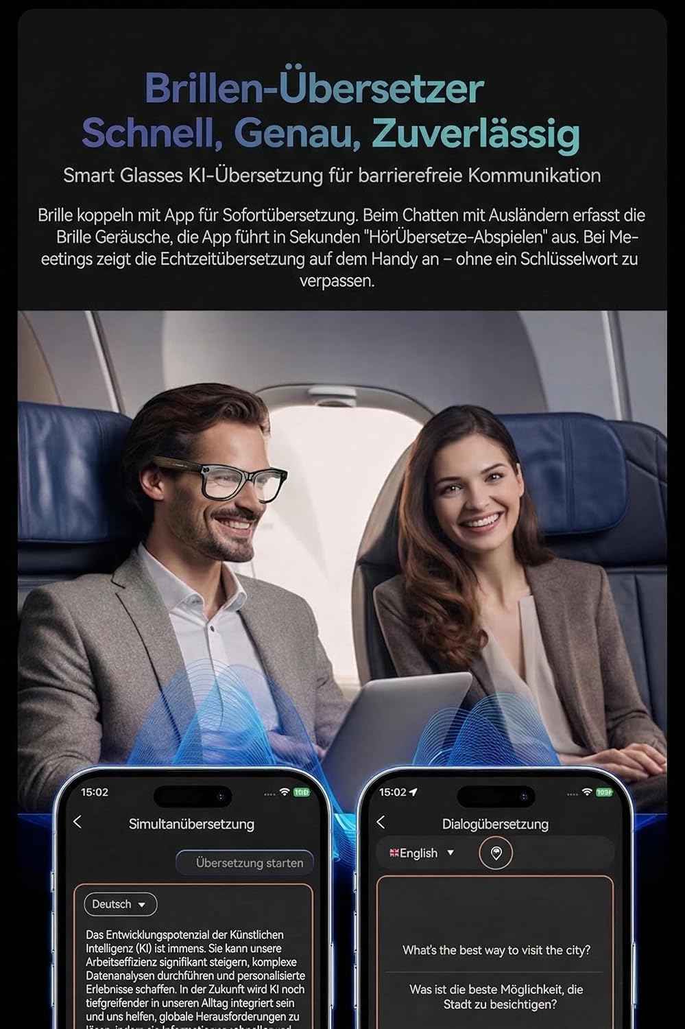 Smart Glasses mit KI & Bluetooth, ChatGPT-Sprachassistent, UV-Schutz, WLAN, Echtzeit-Übersetzung in 89 Sprachen, 2K-Kamera, Open-Ear-Audio, IP65 wasserdicht, Objektidentifizierung, photochrome Gläser