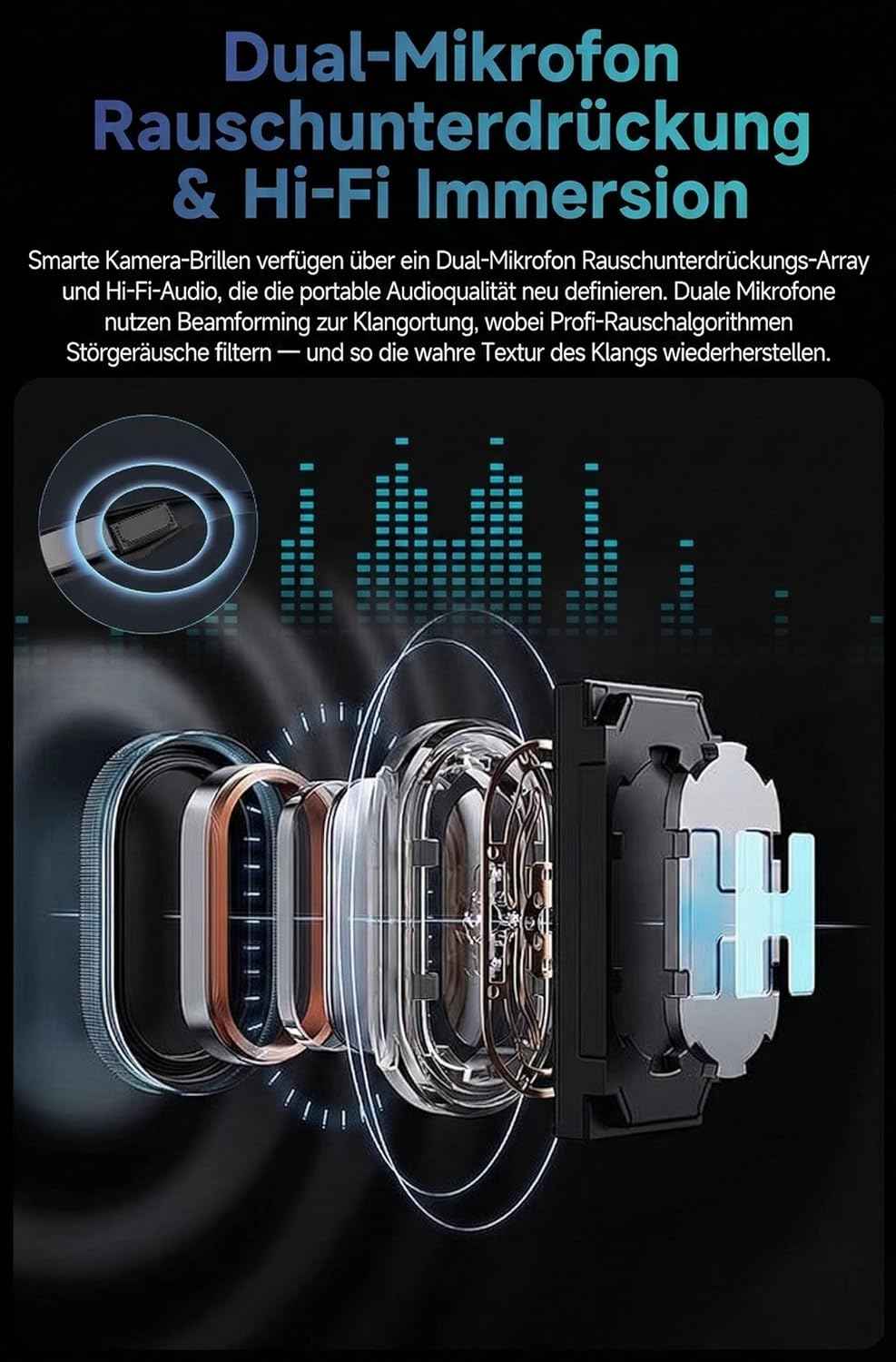 Smart Glasses mit KI & Bluetooth, ChatGPT-Sprachassistent, UV-Schutz, WLAN, Echtzeit-Übersetzung in 89 Sprachen, 2K-Kamera, Open-Ear-Audio, IP65 wasserdicht, Objektidentifizierung, photochrome Gläser