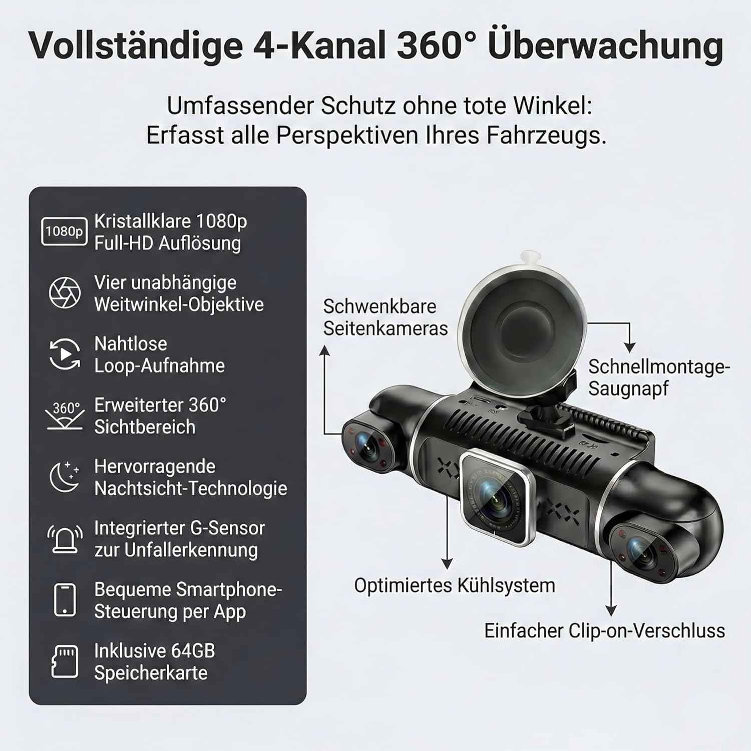 Dashcam Auto 360 Grad, 4 Kameras, 1080p Full-HD, 64 GB, Loop-Aufnahme, Auslöser bei Unfall, 24h Parküberwachung, WiFi, Nachtsicht, G-Sensor, Bewegungsdetektor, 3" IPS-Display, Wasserdicht