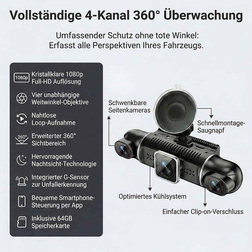 Dashcam Auto 360 Grad, 4 Kameras, 1080p Full-HD, 64 GB, Loop-Aufnahme, Auslöser bei Unfall, 24h Parküberwachung, WiFi, Nachtsicht, G-Sensor, Bewegungsdetektor, 3" IPS-Display, Wasserdicht