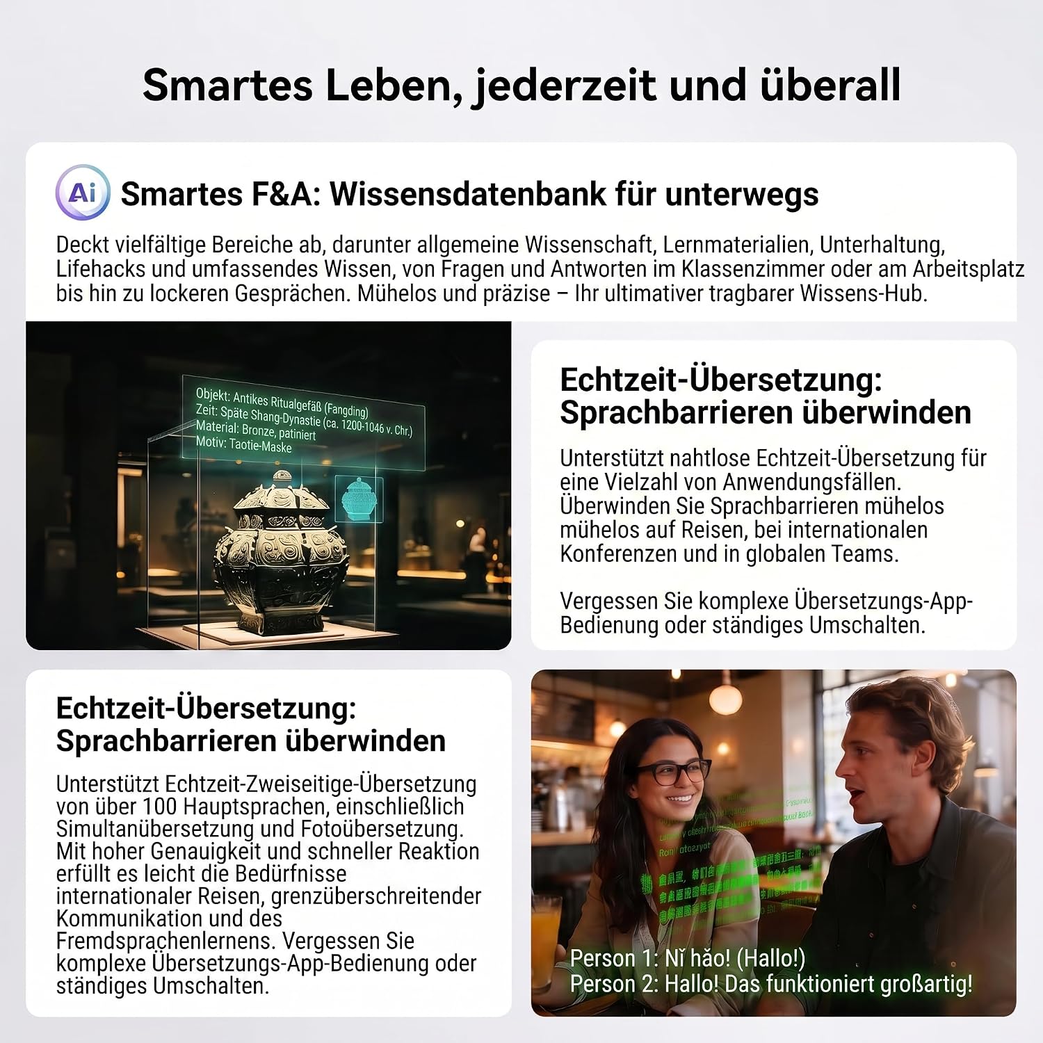 Smart Glasses – KI Brille, ChatGPT-Sprachassistent, Echtzeit-Übersetzung 89 Sprachen, 2K-Kamera, WLAN, UV-Schutz, Wasserdicht, Objekterkennung, 2 Gläser (photochrom + Sonnengläser), Ladeetui