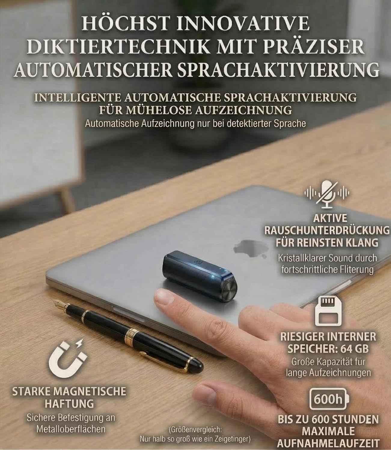 Digitales Diktiergerät, Sprachaktivierte Aufnahme, 30 Tage Daueraufnahme, 64 GB, Magnetische Befestigung, Rauschunterdrückung, Audio Aufnahmegerät