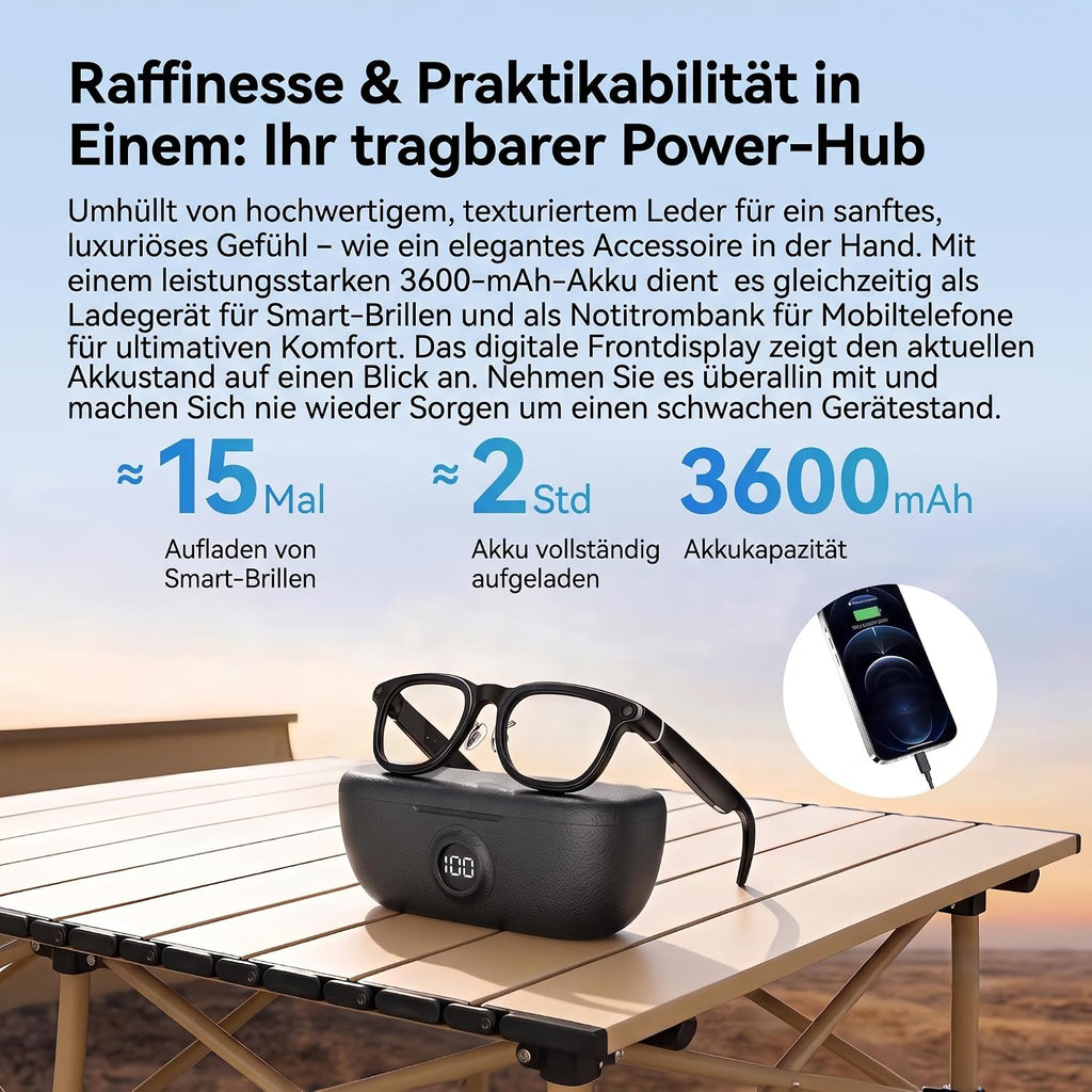 Smart Glasses – KI Brille, ChatGPT-Sprachassistent, Echtzeit-Übersetzung 89 Sprachen, 2K-Kamera, WLAN, UV-Schutz, Wasserdicht, Objekterkennung, 2 Gläser (photochrom + Sonnengläser), Ladeetui