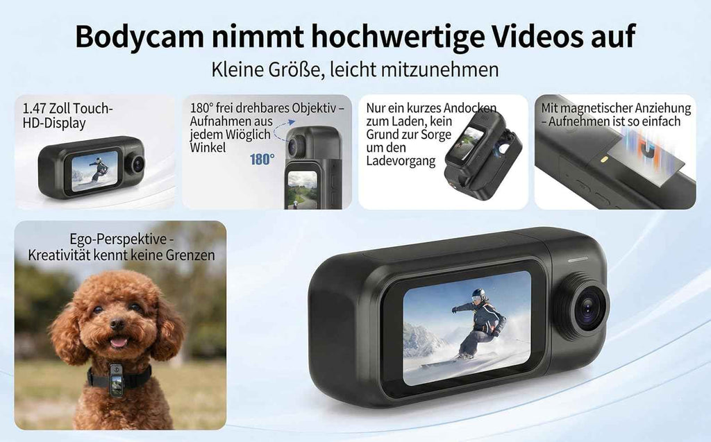 4K Bodycam mit 64GB SD-Karte, 1,47" Touchdisplay, 180° Linse, Ladecase, 30m wasserdicht – Infinn