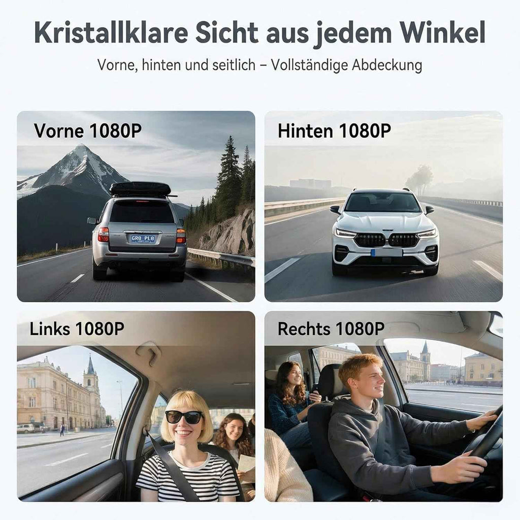 Dashcam Auto 360 Grad, 4 Kameras, 1080p Full-HD, 64 GB, Loop-Aufnahme, Auslöser bei Unfall, 24h Parküberwachung, WiFi, Nachtsicht, G-Sensor, Bewegungsdetektor, 3" IPS-Display, Wasserdicht