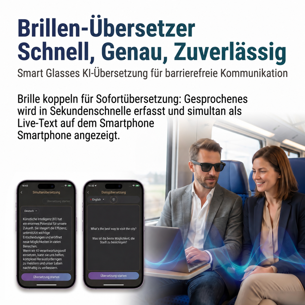 Smart Glasses mit KI-Assistent – Echtzeit-Übersetzung, 2K-Kamera, ChatGPT, Open-Ear-Audio & UV-Schutz