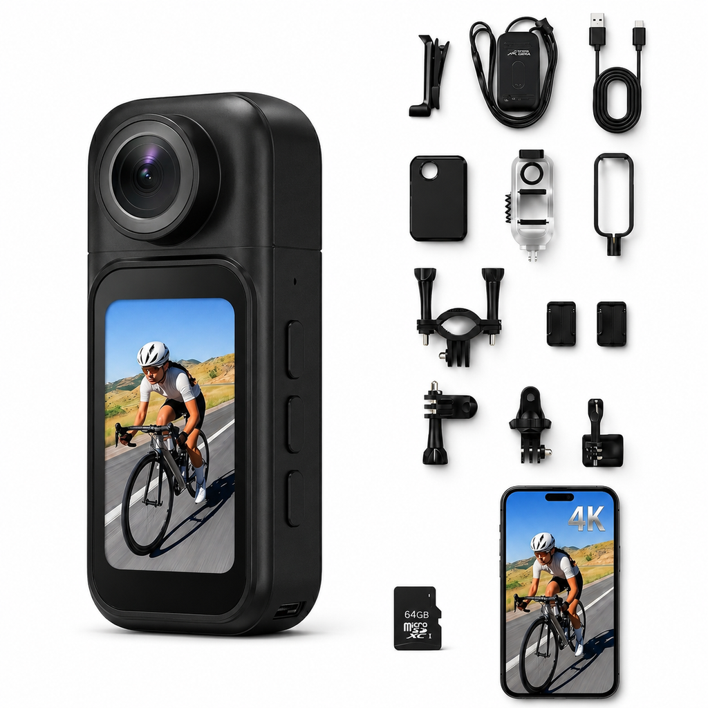 4K Bodycam mit 64GB SD-Karte, 1,47" Touchdisplay, 180° Linse, Ladecase, 30m wasserdicht – Infinn