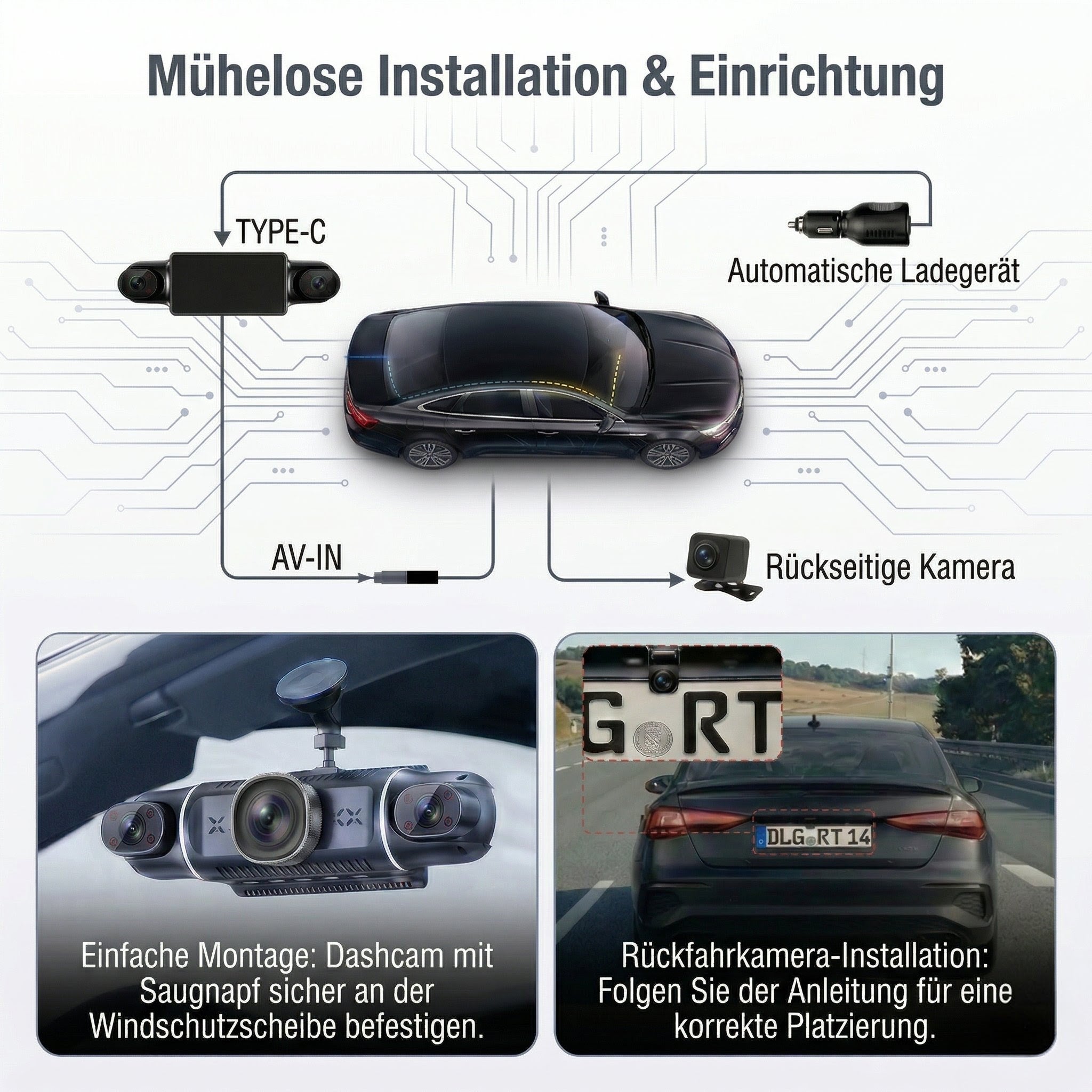 360° Dashcam mit 4 Kameras – 24h Parküberwachung, Nachtsicht, WiFi, 3" IPS, 64GB, Unfallerkennung