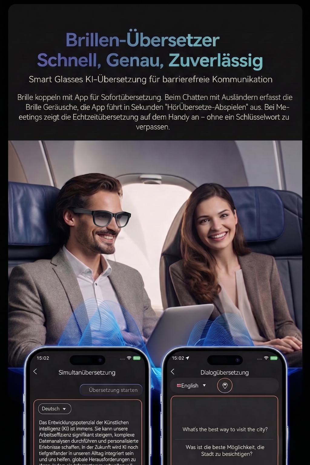 Smart Glasses mit KI-Assistent – Echtzeit-Übersetzung, 2K-Kamera, ChatGPT, Open-Ear-Audio & UV-Schutz
