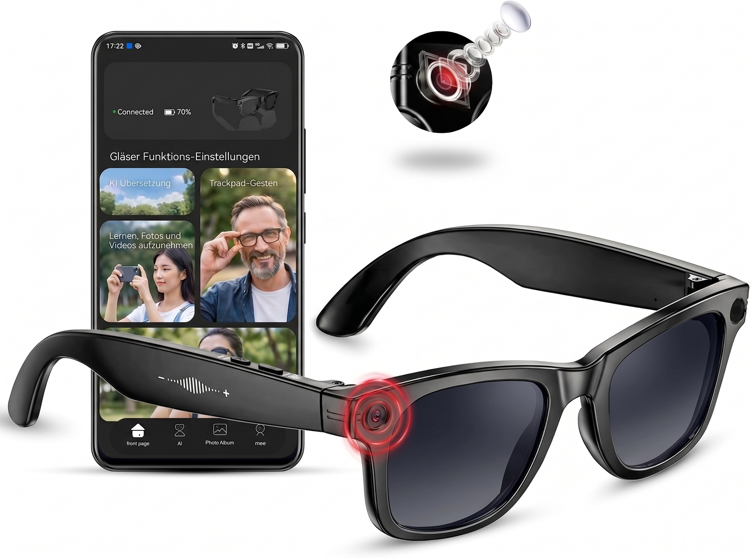 Smart Glasses mit KI-Assistent – Echtzeit-Übersetzung, 2K-Kamera, ChatGPT, Open-Ear-Audio & UV-Schutz