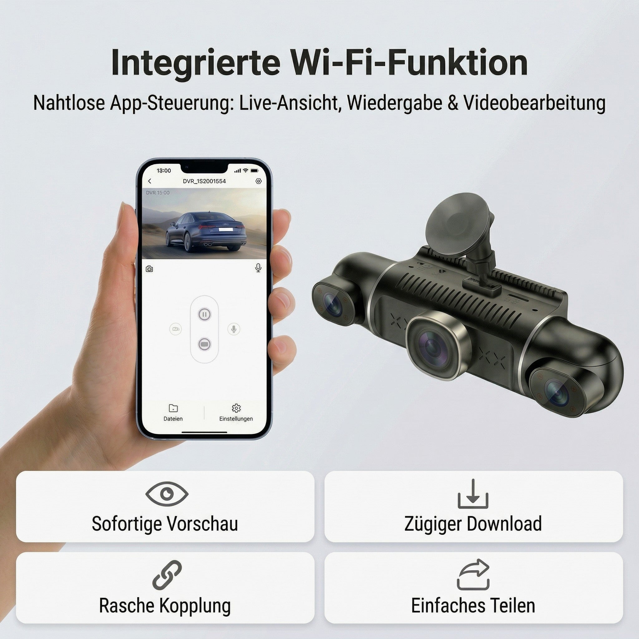 360° Dashcam mit 4 Kameras – 24h Parküberwachung, Nachtsicht, WiFi, 3" IPS, 64GB, Unfallerkennung