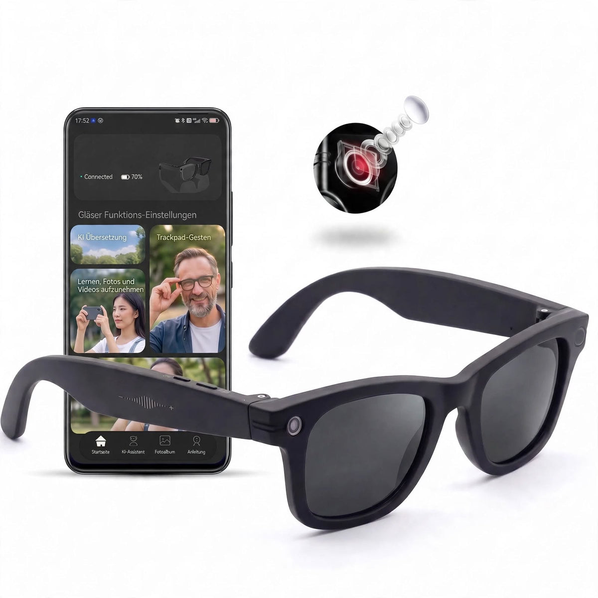 Smart Glasses mit KI-Assistent – Echtzeit-Übersetzung, 2K-Kamera, ChatGPT, Open-Ear-Audio & UV-Schutz