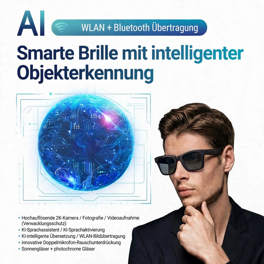 Smart Glasses mit KI-Assistent – Echtzeit-Übersetzung, 2K-Kamera, ChatGPT, Open-Ear-Audio & UV-Schutz